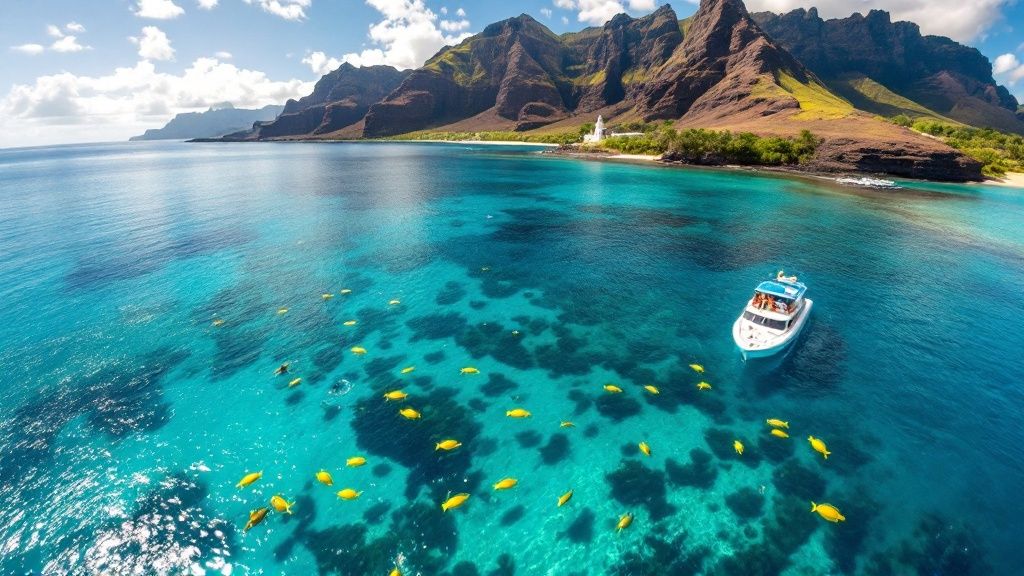 thumbnail_c59b1e Boat on clear blue water with fish, near green mountains under a blue sky.