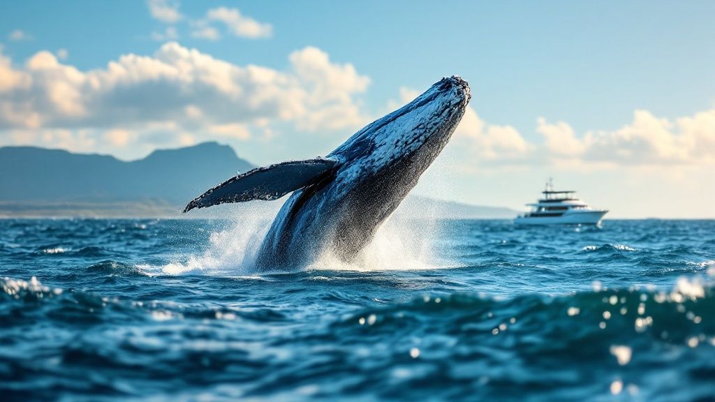 thumbnail_c63384 Whale breaching near a boat on the ocean with mountains in the background.