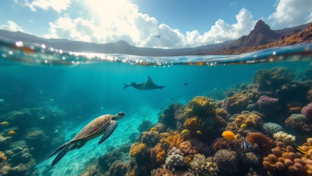 thumbnail_c663c6 Half underwater view of turtle and shark swimming over colorful coral reef against mountain and cloudy sky.