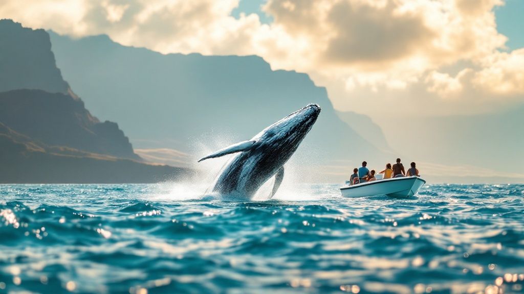 thumbnail_cb9033 Whale breaching near a small boat with people, mountains in the background.