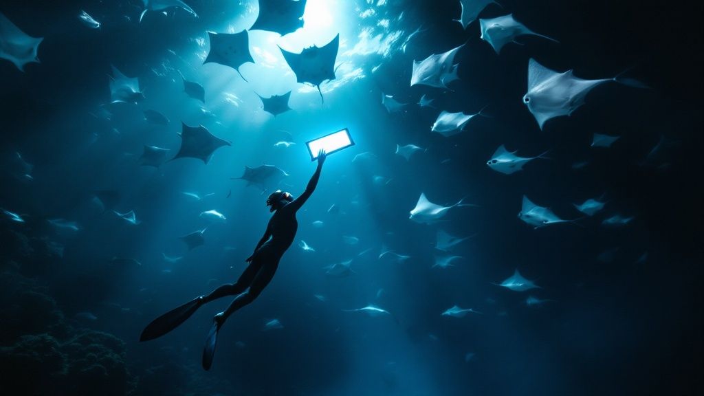 thumbnail_ce1efc Diver underwater reaching towards light surrounded by manta rays.