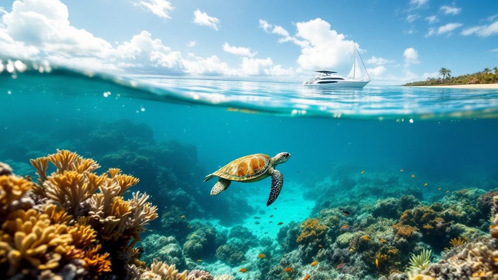 A sea turtle swims over a coral reef, with a boat and island visible above the water's surface.
