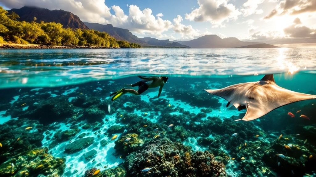 thumbnail_d11fab Snorkeler swims near manta ray over coral reef with mountains and sky above waterline.