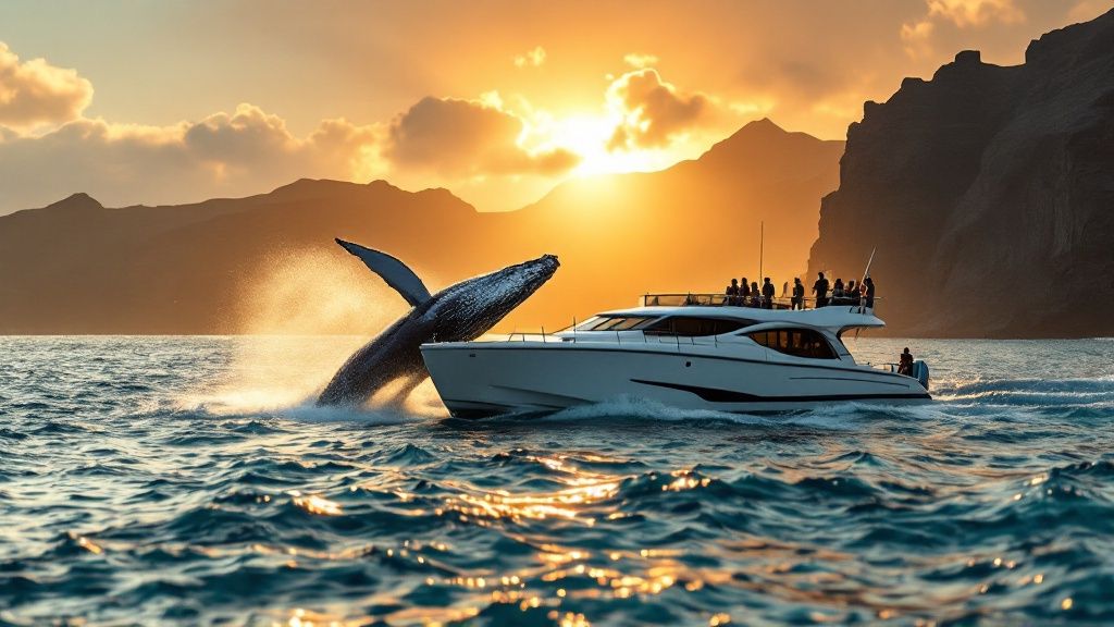 thumbnail_d9b516 Whale breaching near a yacht at sunset with cliffs in the background.