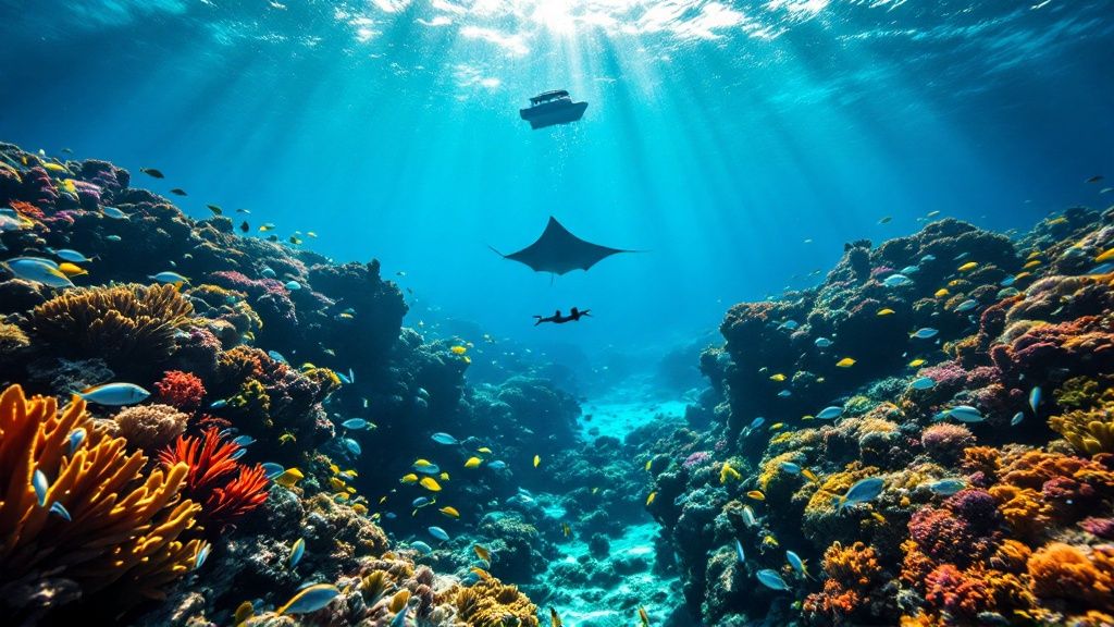 thumbnail_db9a51 Underwater scene with coral reefs, a manta ray, diver, and sunlight streaming through water.