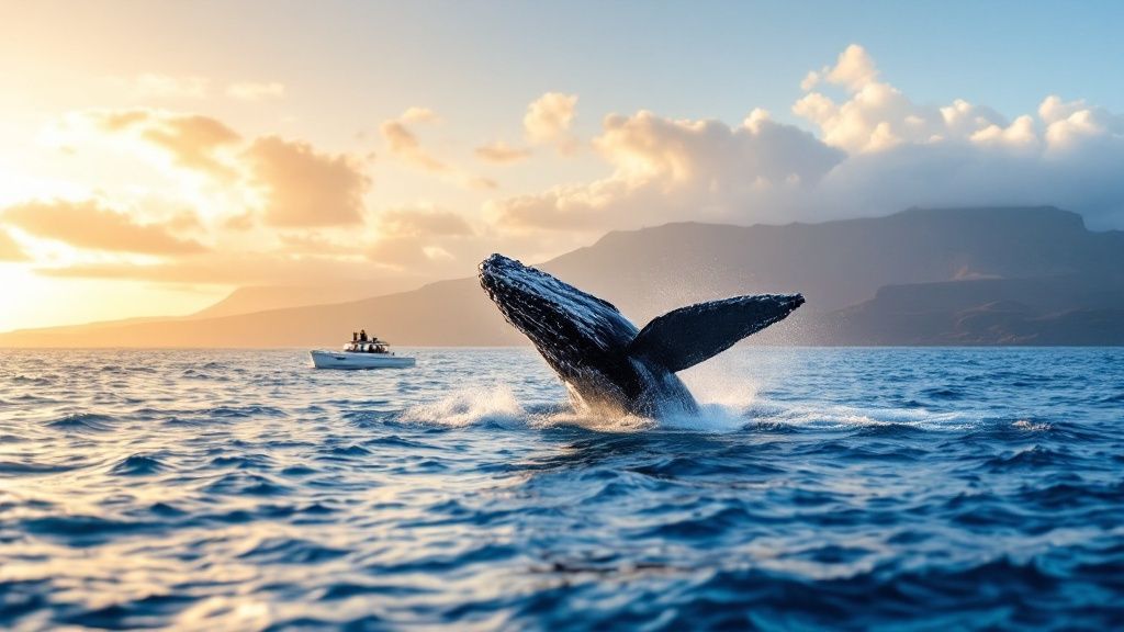 thumbnail_ddd998 Whale breaching above ocean surface near a boat with mountains in the background at sunset.