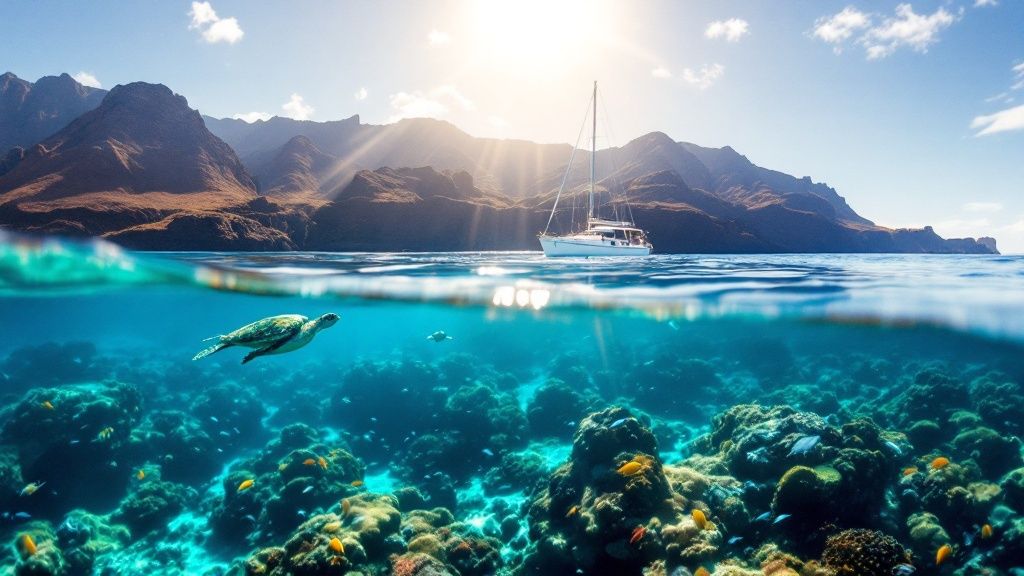 thumbnail_e18508 Split view: sailboat on ocean, turtle underwater near coral, mountains in the background.