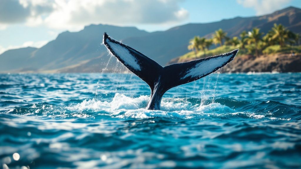 thumbnail_e1a5ed Whale tail above ocean water near tropical island with mountains.