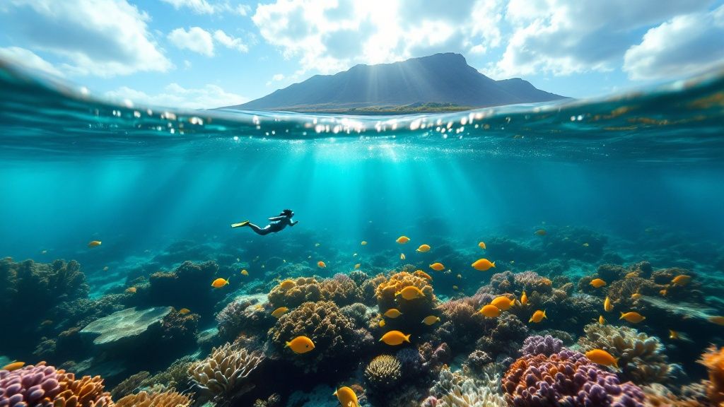 thumbnail_e8b549 Snorkeler swimming over vibrant coral reef with orange fish, mountain in background.