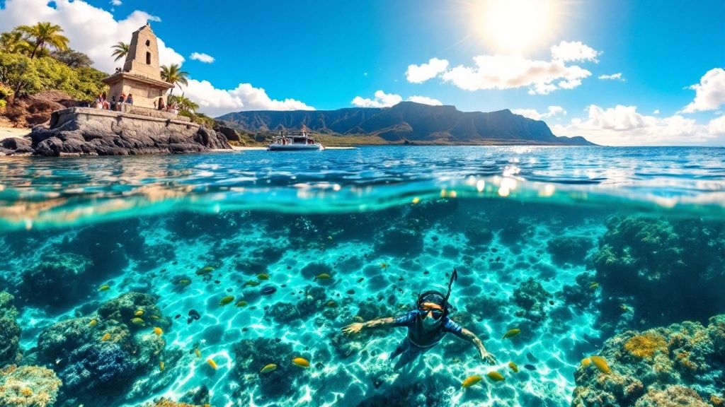 Person snorkeling in clear blue water near a rocky coast with tropical trees and historical structure.