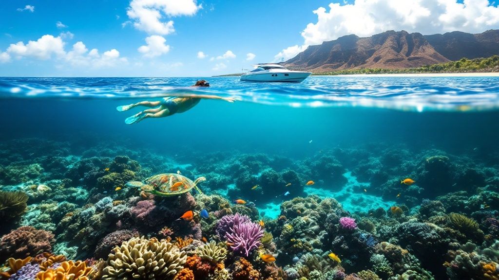 thumbnail_f3f1b0 Person snorkeling above vibrant coral reef, yacht on ocean surface, mountainous coastline in background.