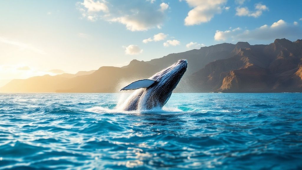 thumbnail_f4b613 Whale breaching in blue ocean near mountains under a sunny sky.