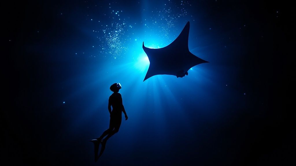 thumbnail_f71ca8 Silhouette of diver and mantaray under water illuminated by blue light.