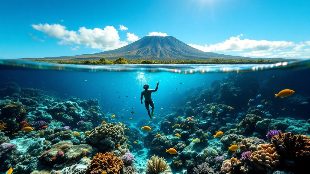 thumbnail Person snorkeling above colorful coral reef with a mountain in the background, under a clear blue sky.