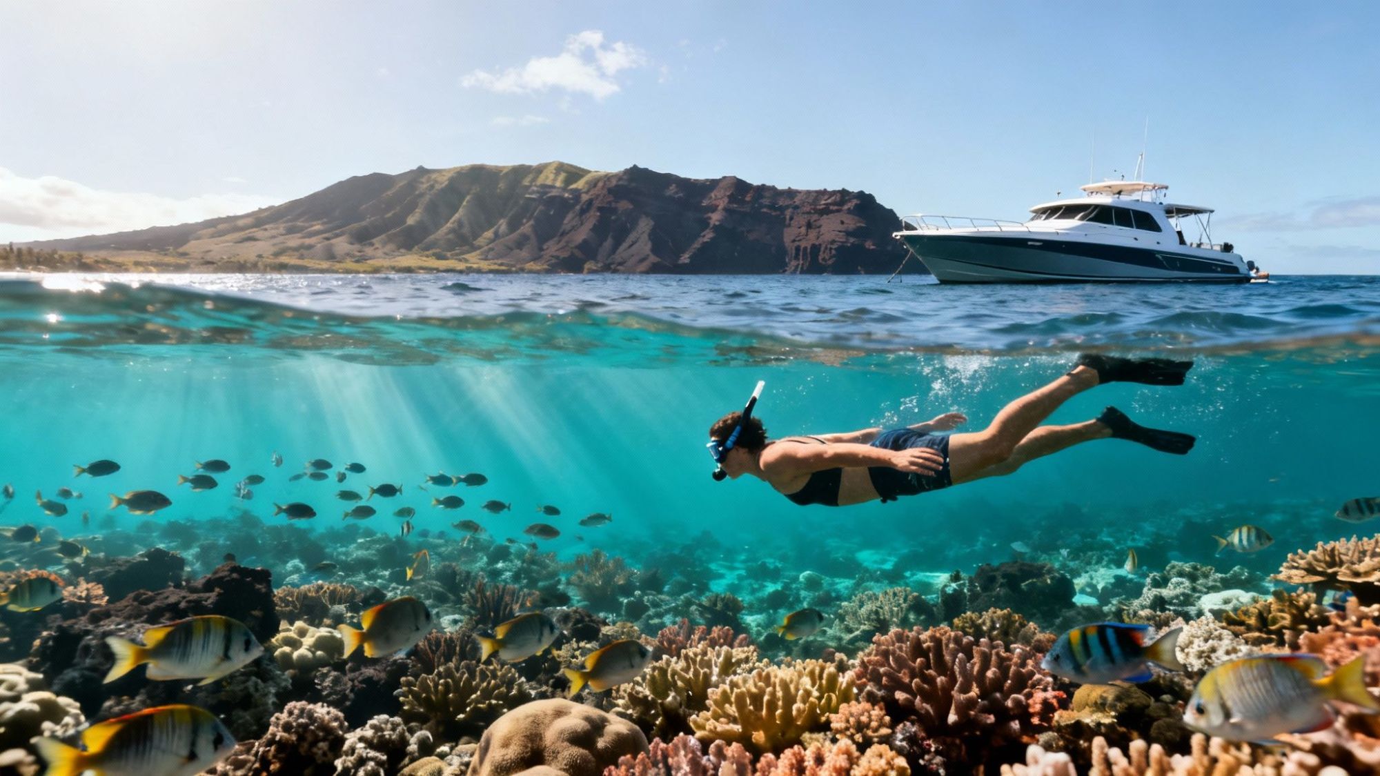 Person snorkeling over coral reef with fish, boat, and island in background under clear sky.