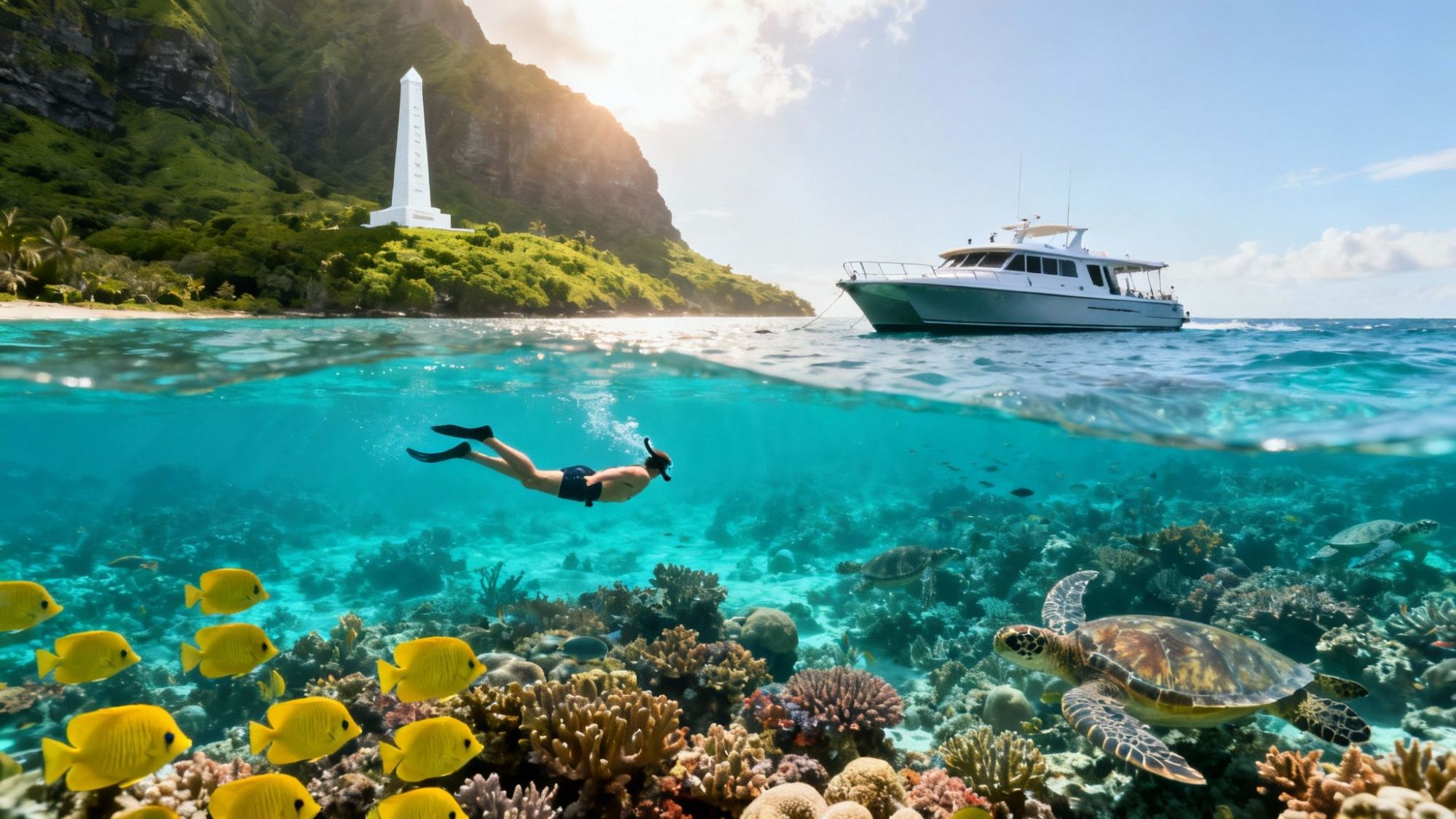 thumbnail_0254ff Split view: snorkeler above coral reef, sea turtle and fish underwater; boat and monument on lush coastline.