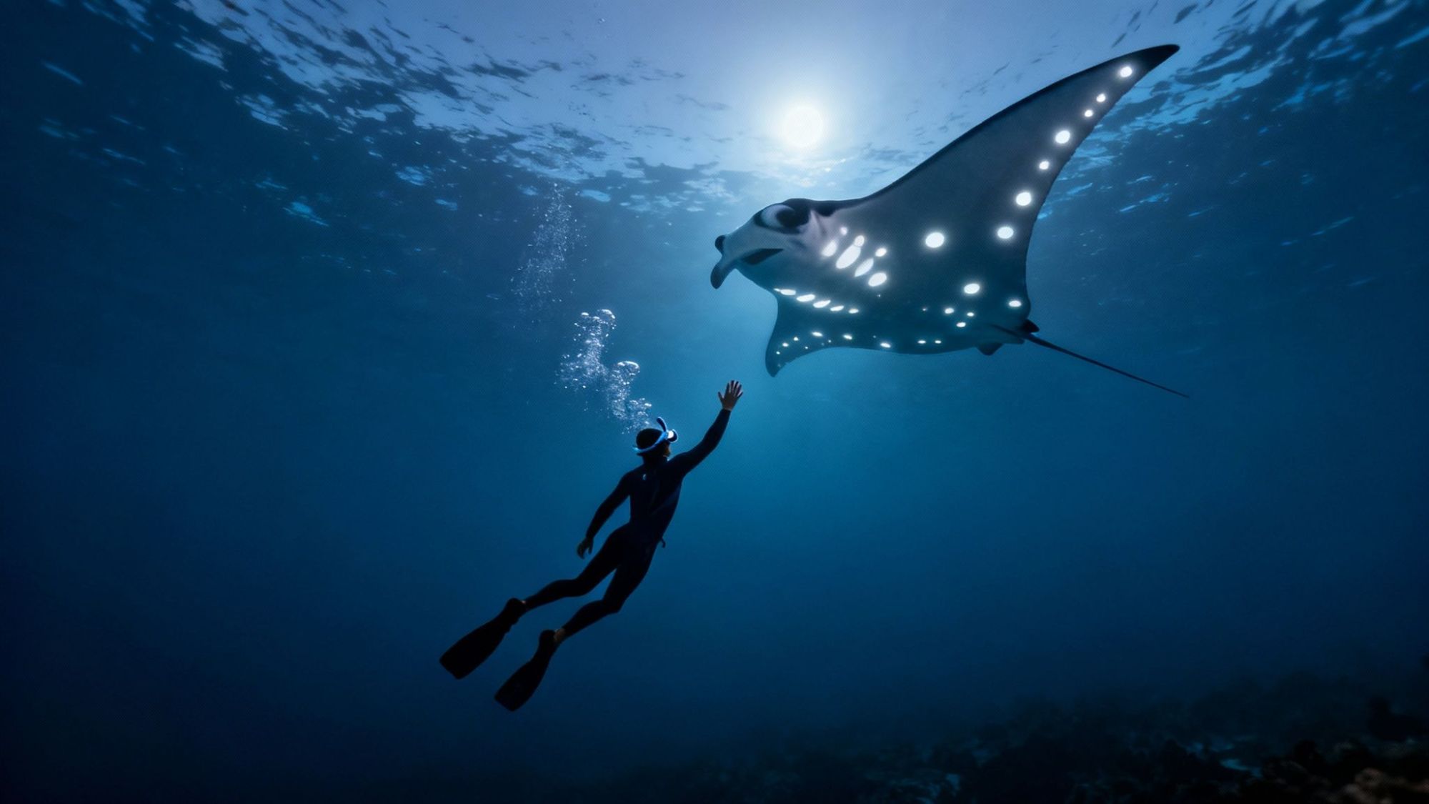 thumbnail_02f9bb Scuba diver reaches towards a large manta ray underwater, illuminated by sunlight.