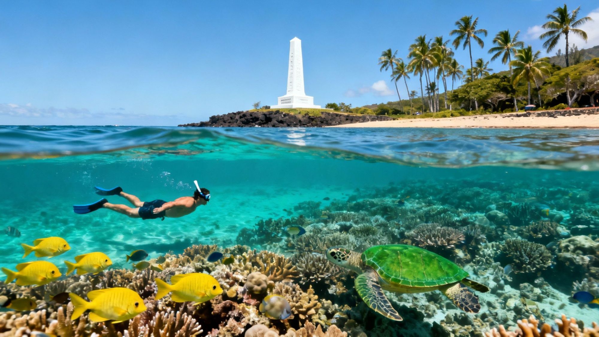 thumbnail_0451b1 Snorkeler swims near coral reef with fish and turtle; a monument and palm trees are visible on shore.