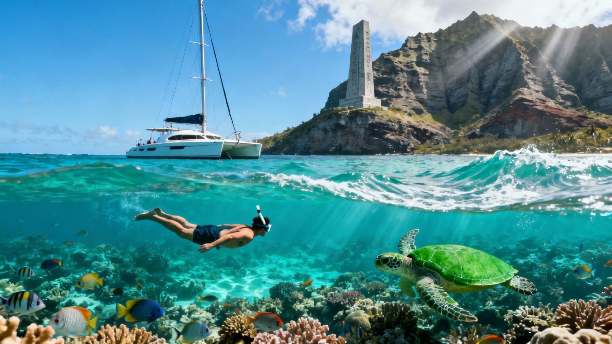 Snorkeler swims near sea turtle in clear water with a sailboat and rocky island in the background.