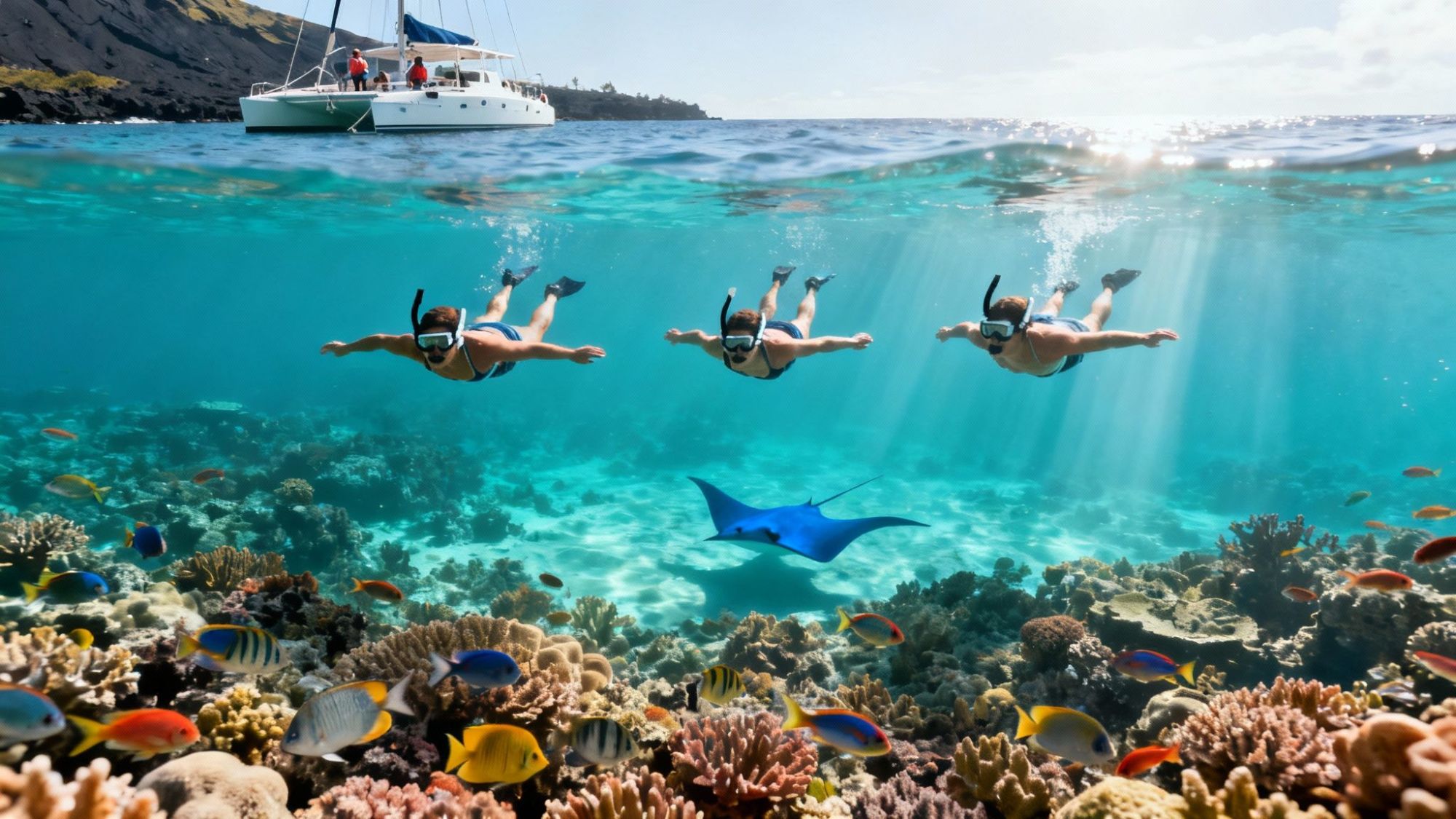 Three snorkelers above coral reef with colorful fish and a manta ray, catamaran in background.