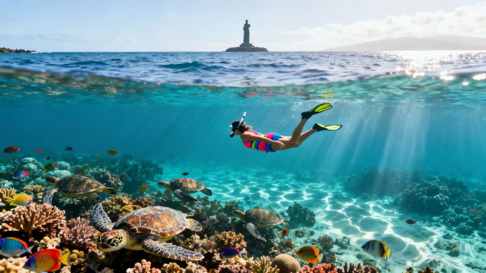 thumbnail_0a5701 Snorkeler swimming over coral reef with turtles and fish, statue in background above water.