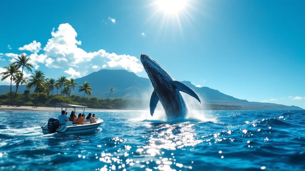 thumbnail_0b4973 Whale breaching near boat with people, sunny day, ocean, palm trees, and mountains in background.
