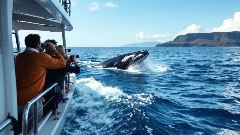 thumbnail_0ba3cd People on a boat photographing a whale breaching near the water's surface with islands in the background.