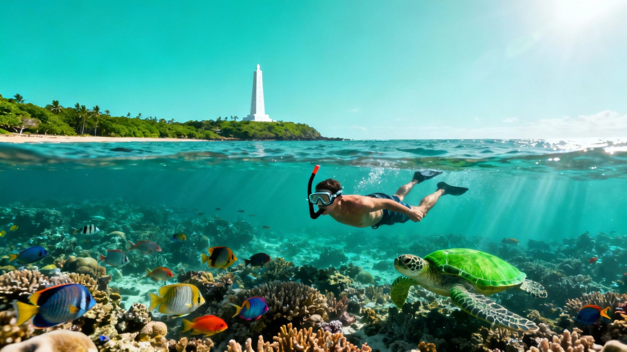 thumbnail_0e5e17 Person snorkeling near colorful fish and sea turtle, lighthouse on distant beach.