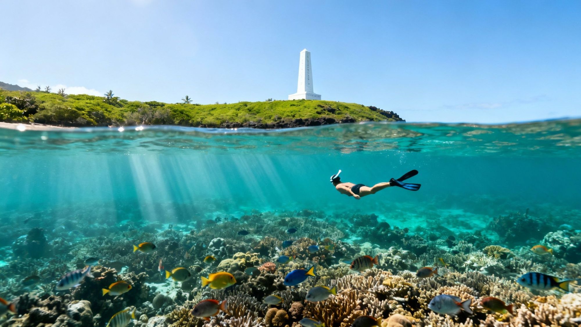 thumbnail_0eceb8 Person snorkeling over coral reef with fish; white monument on green hill in background.