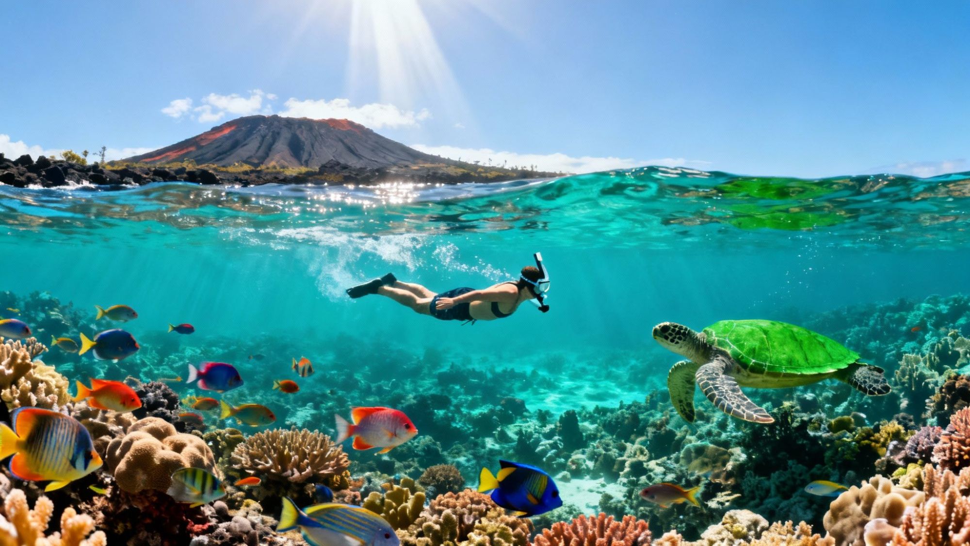 thumbnail_0f8e85 Snorkeler swims with sea turtle near vibrant coral reef, volcano visible in background.
