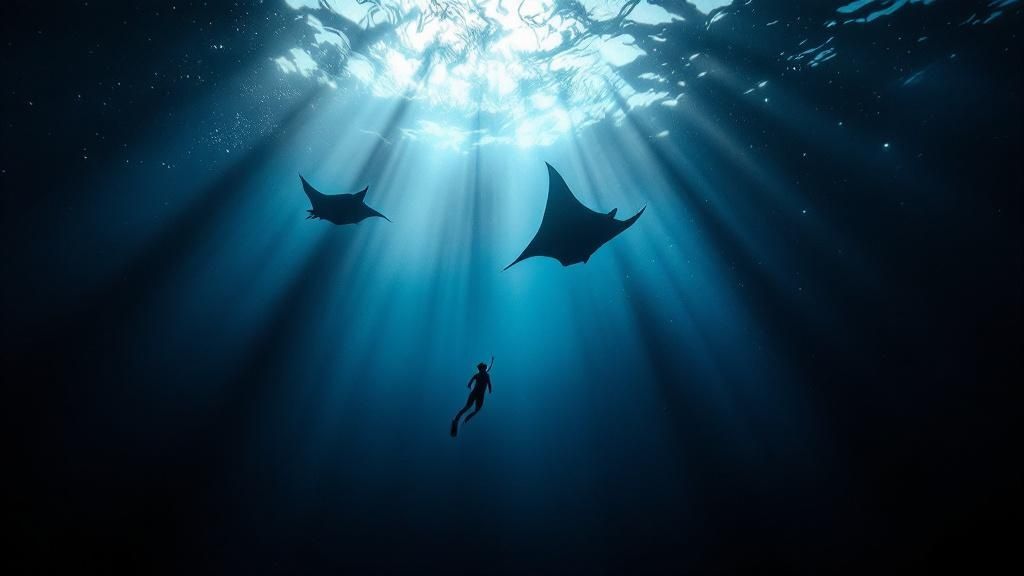 thumbnail_115389 Diver swimming with two manta rays underwater illuminated by sun rays.
