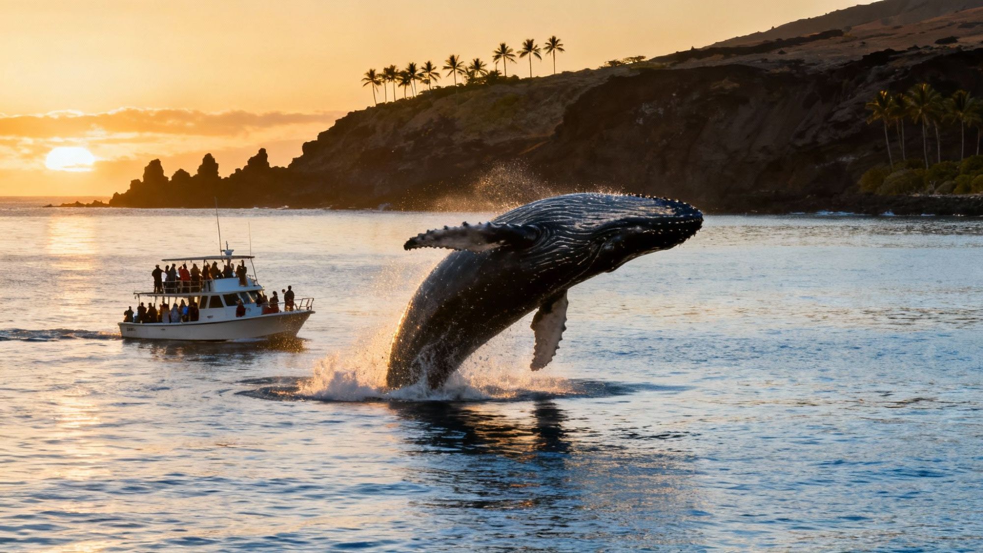 thumbnail_1200ba Whale breaching near a boat at sunset with a rocky coastline and palm trees in the background.