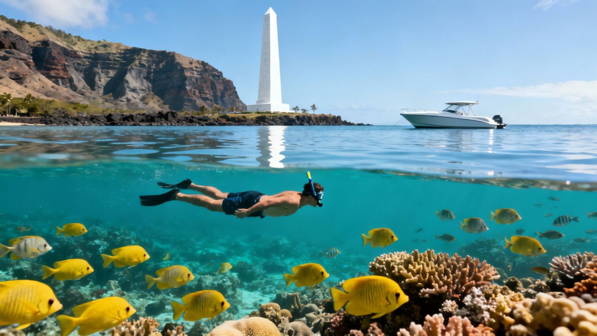 thumbnail_15072b Person snorkeling over coral reef with yellow fish, boat in background, near a white monument on a rocky hill.