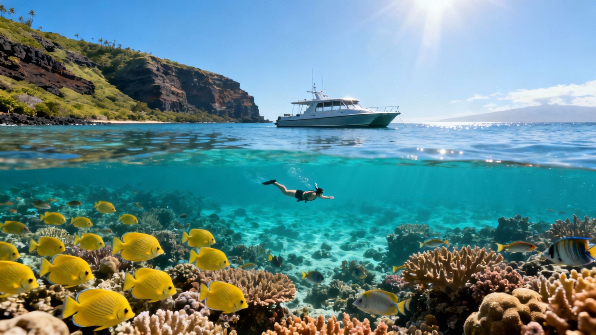 Snorkeler explores coral reef with yellow fish; boat and cliffs in the background under sunny sky.