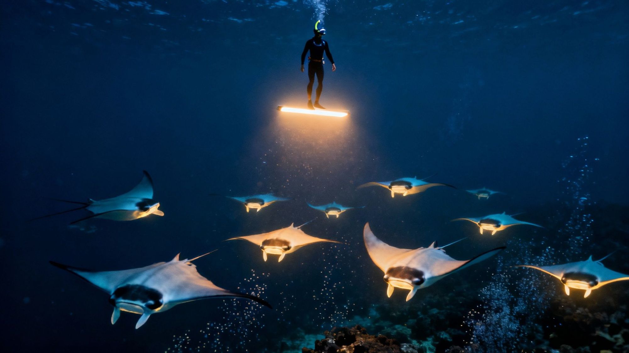 thumbnail_17659b Diver above glowing manta rays in deep blue ocean.