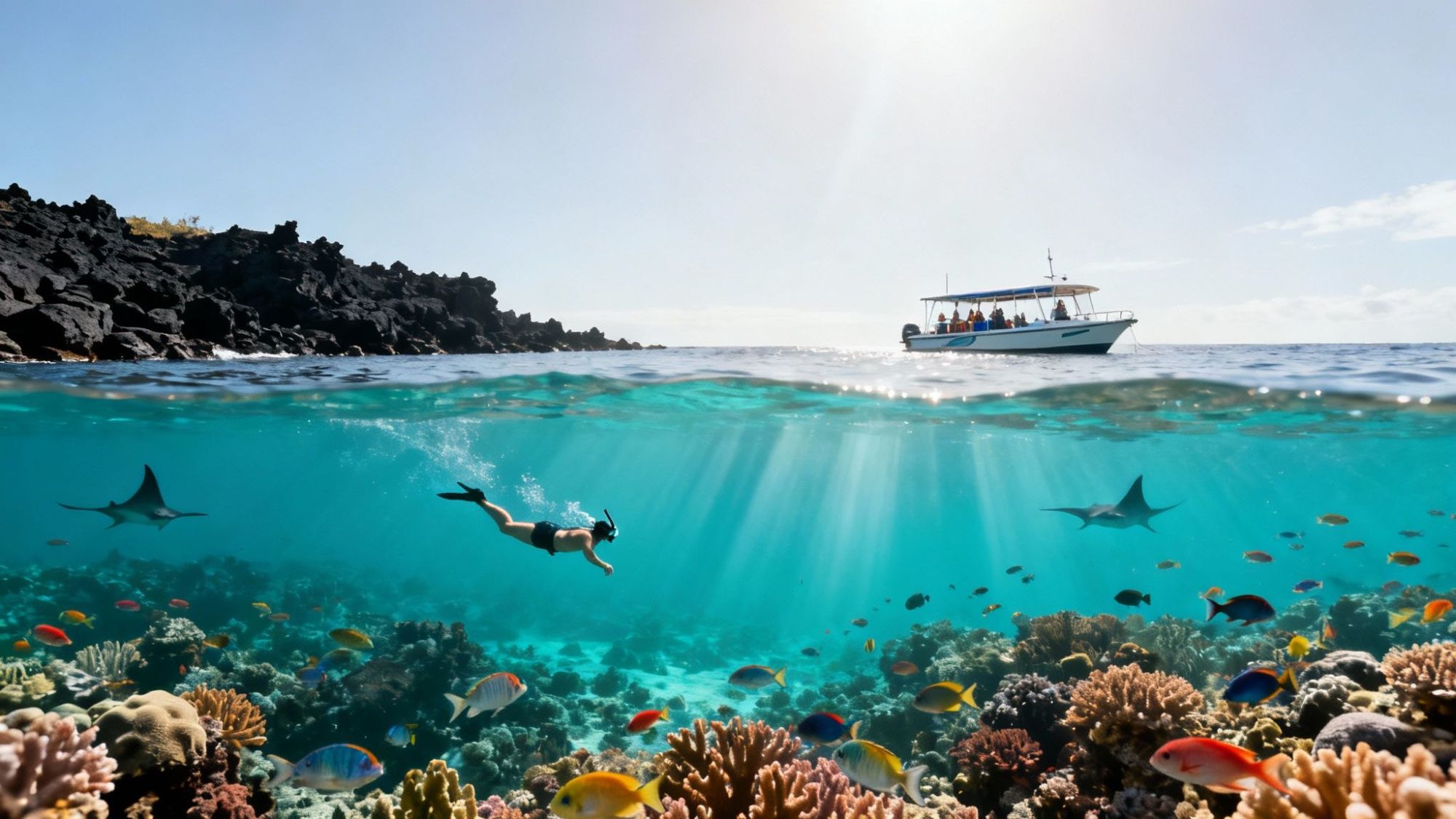 thumbnail_1e7082 Snorkeler underwater with a boat above, colorful fish, sharks, and coral in clear ocean water, sunny day.