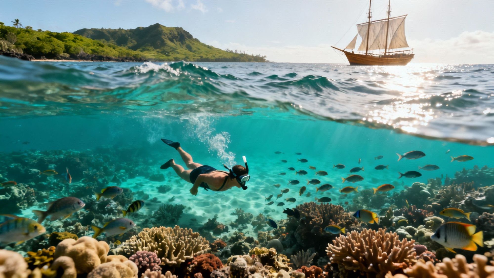 thumbnail_215363 Snorkeler swims above coral reef with a ship sailing in the background.