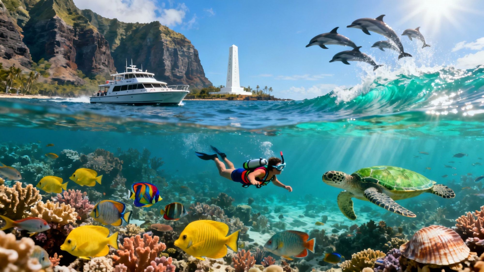 thumbnail_216c0d Diver swims underwater with fish and sea turtle; dolphins jump above ocean near boat and mountains.