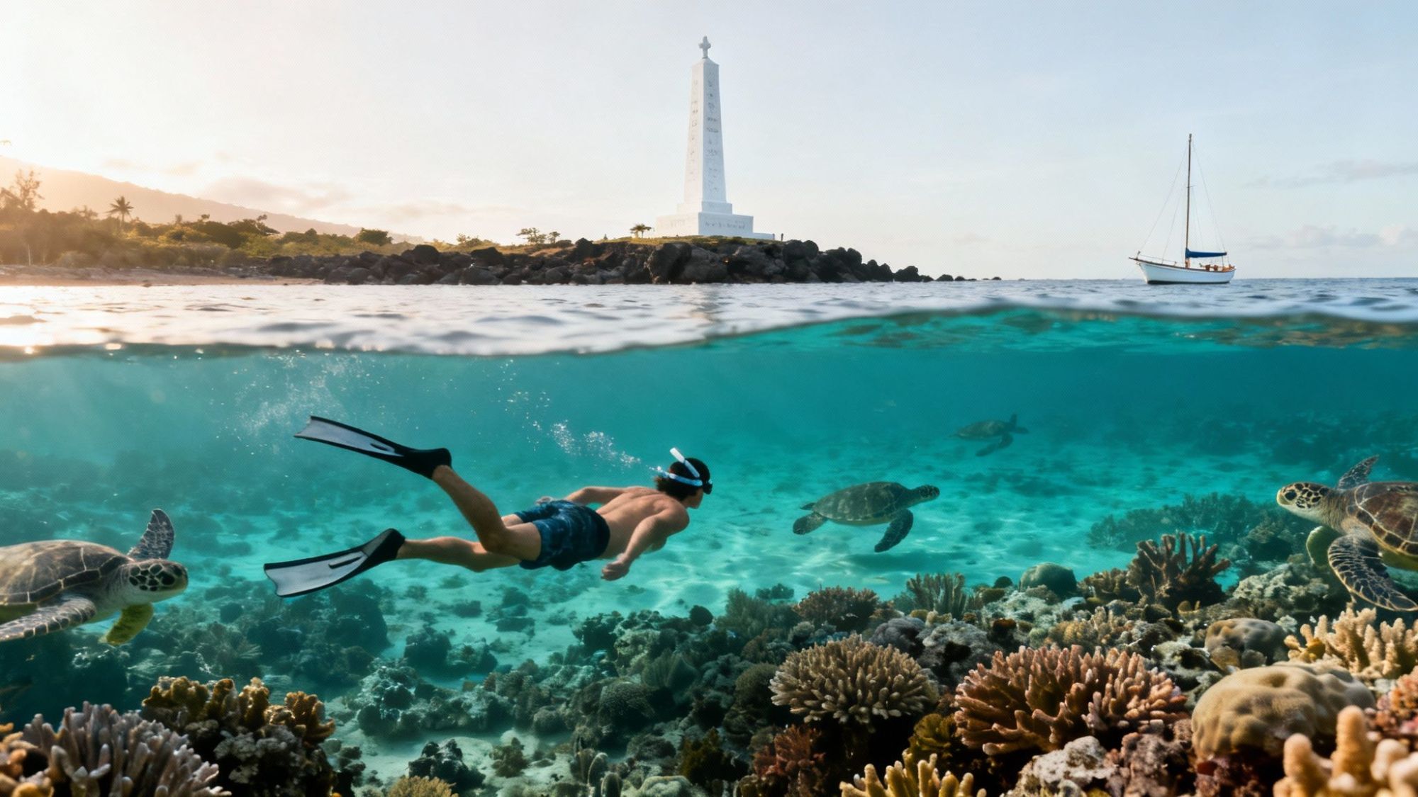 thumbnail_26e13a Snorkeler swimming with sea turtles above coral reef, near a monument and sailboat on the ocean surface.