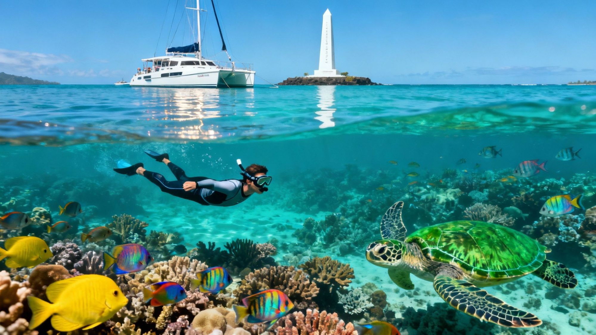 thumbnail_28f097 Snorkeler swims over colorful coral with fish and turtle, catamaran and obelisk in background.