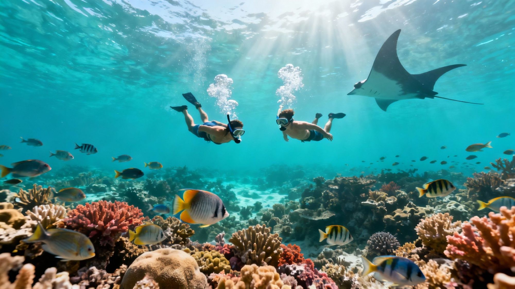 thumbnail_2b1862 Two snorkelers swim above vibrant coral reef with colorful fish and a manta ray.