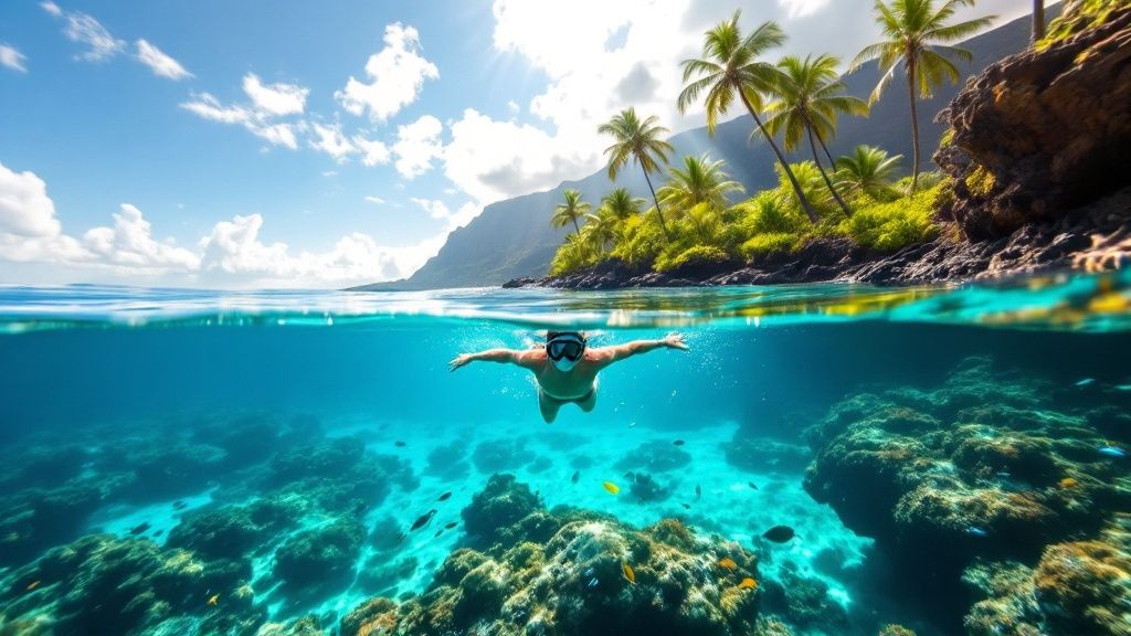 thumbnail_2c912b Person snorkeling in clear water near a tropical island with palm trees and a rocky coastline.