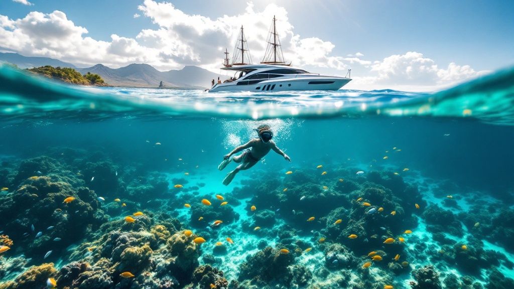 thumbnail_2d64e5 Split view of snorkeler underwater and yacht above near coral reef and mountains.