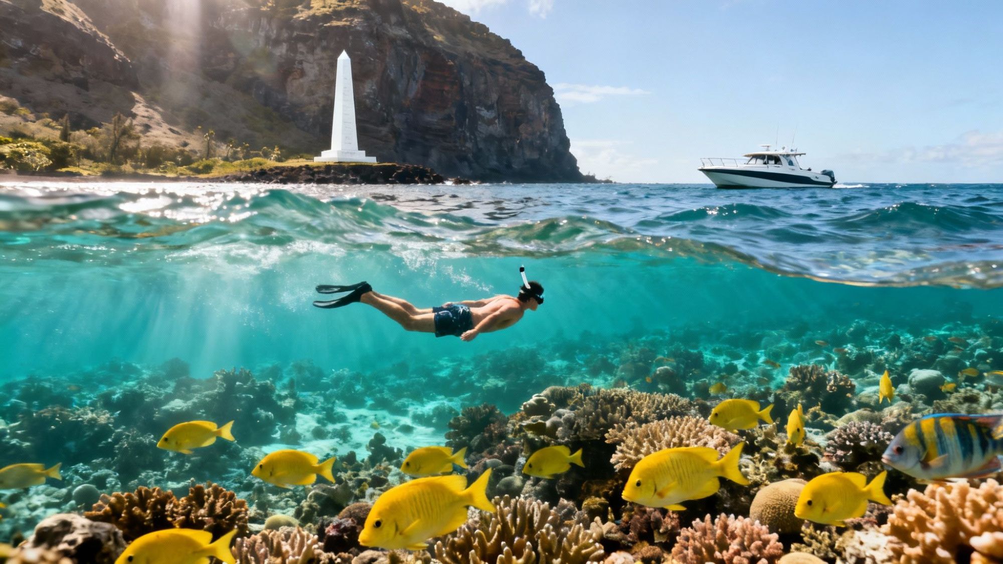 Snorkeler swims over coral reef with yellow fish, boat on surface, rocky island in background.