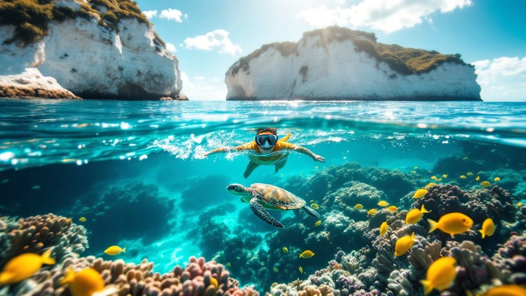 Person snorkeling with sea turtle and fish above colorful coral, cliffs in background.