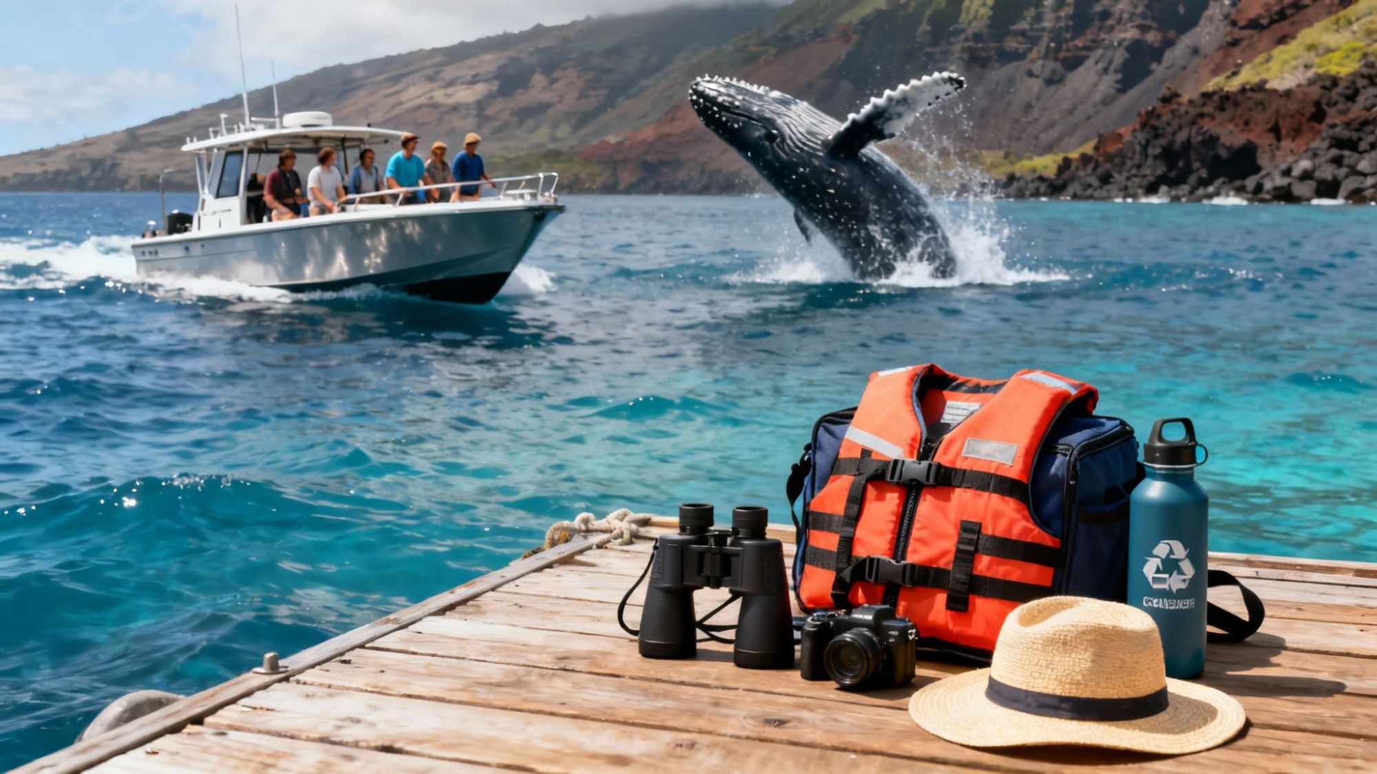 thumbnail_37b94a Whale breaching near boat with people, gear on dock: life jacket, water bottle, binoculars, camera, hat.