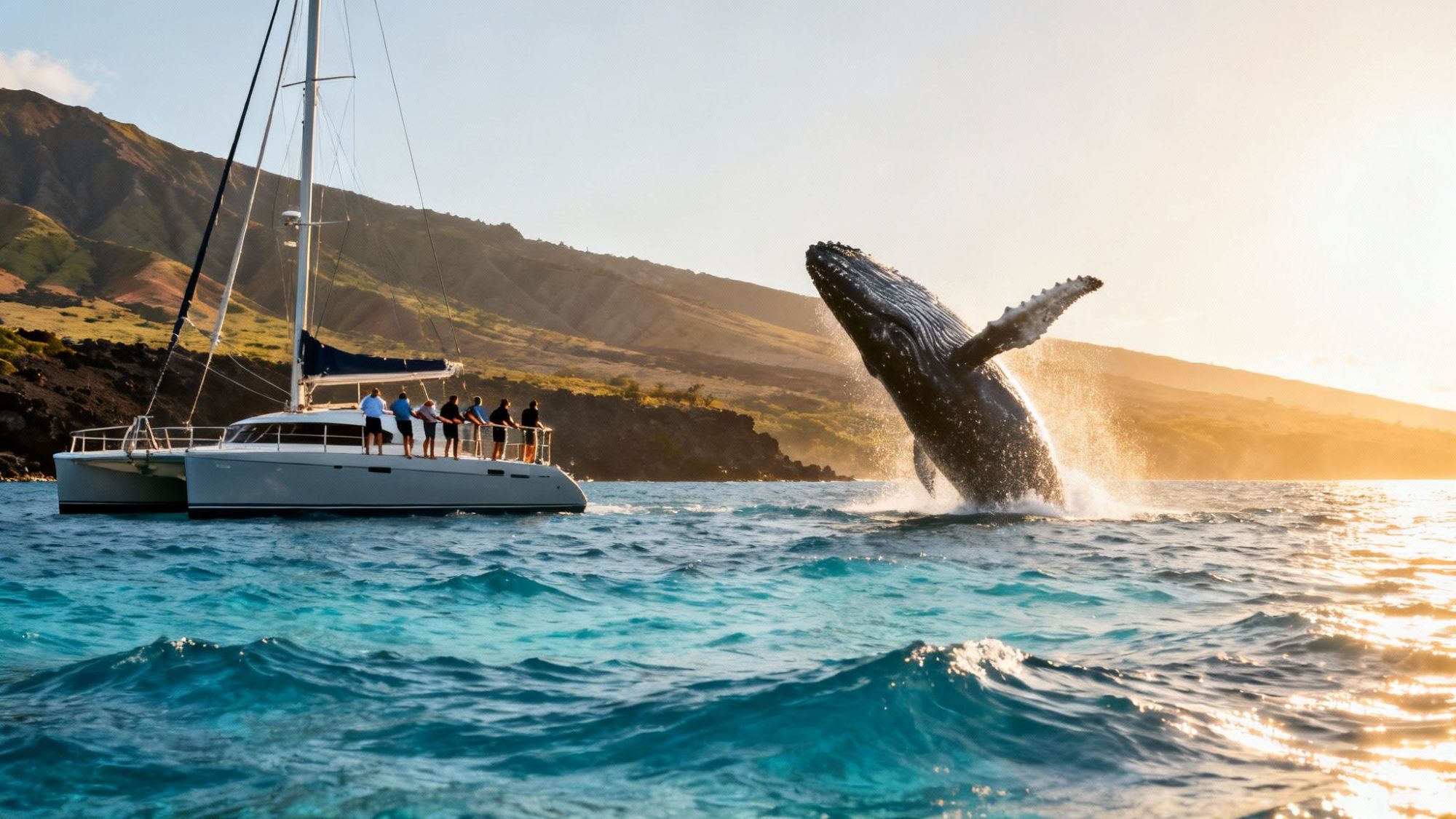 Whale breaching near a sailboat with people, against a mountainous coastline at sunset.