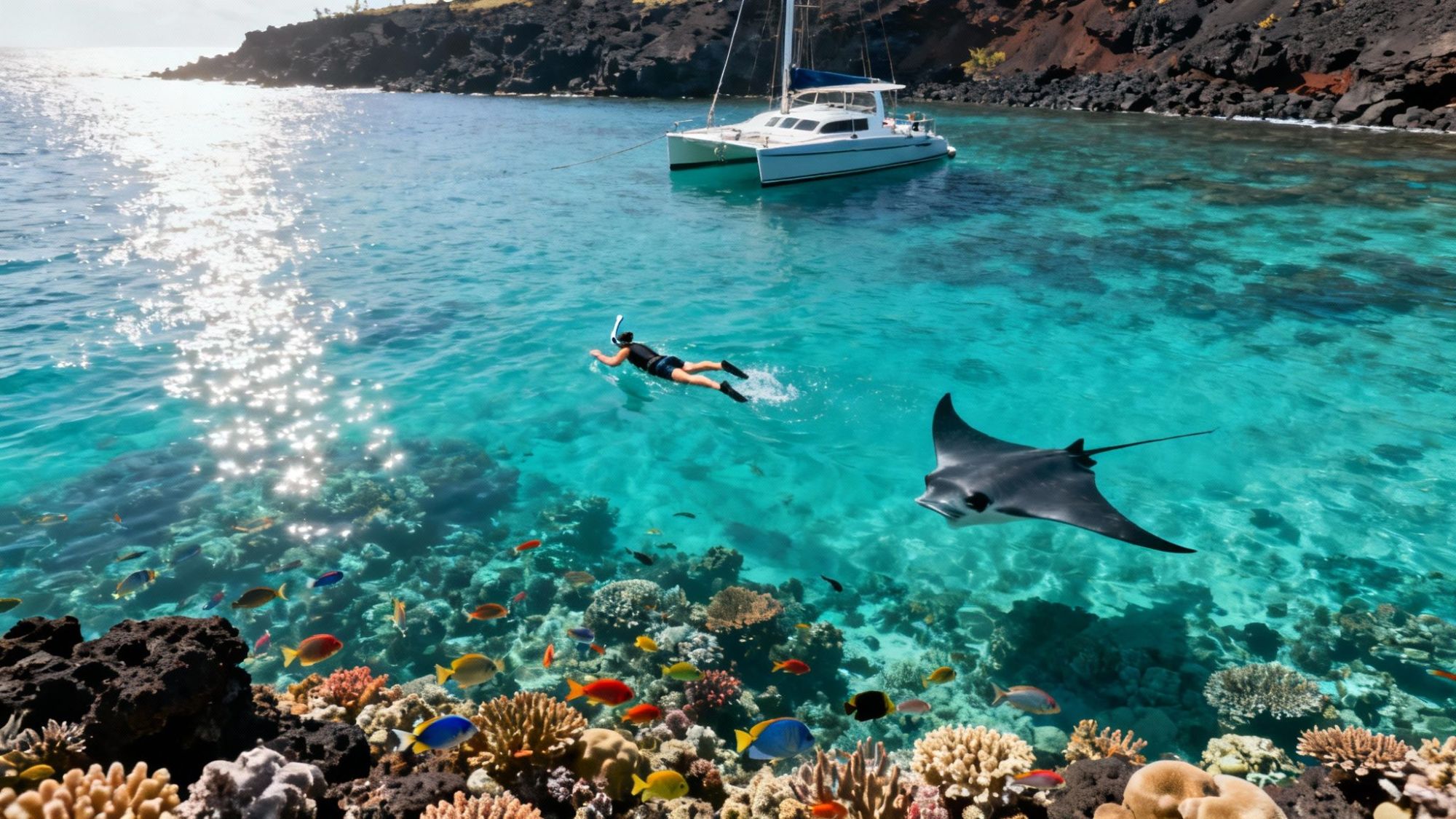 thumbnail_446d22 Person snorkeling near coral reef with manta ray, colorful fish, and a sailboat in clear turquoise water.