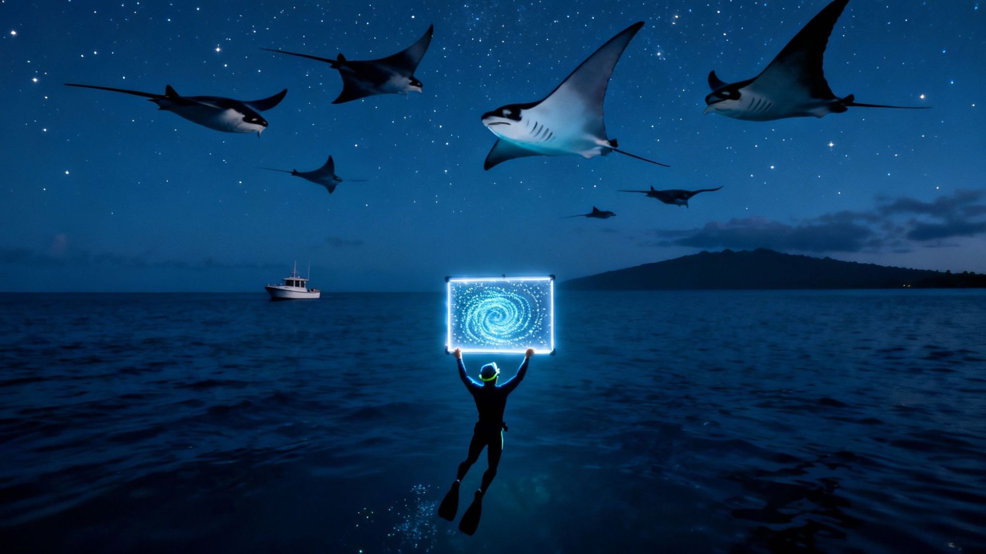 Person wading in ocean at night with glowing board, surrounded by manta rays.