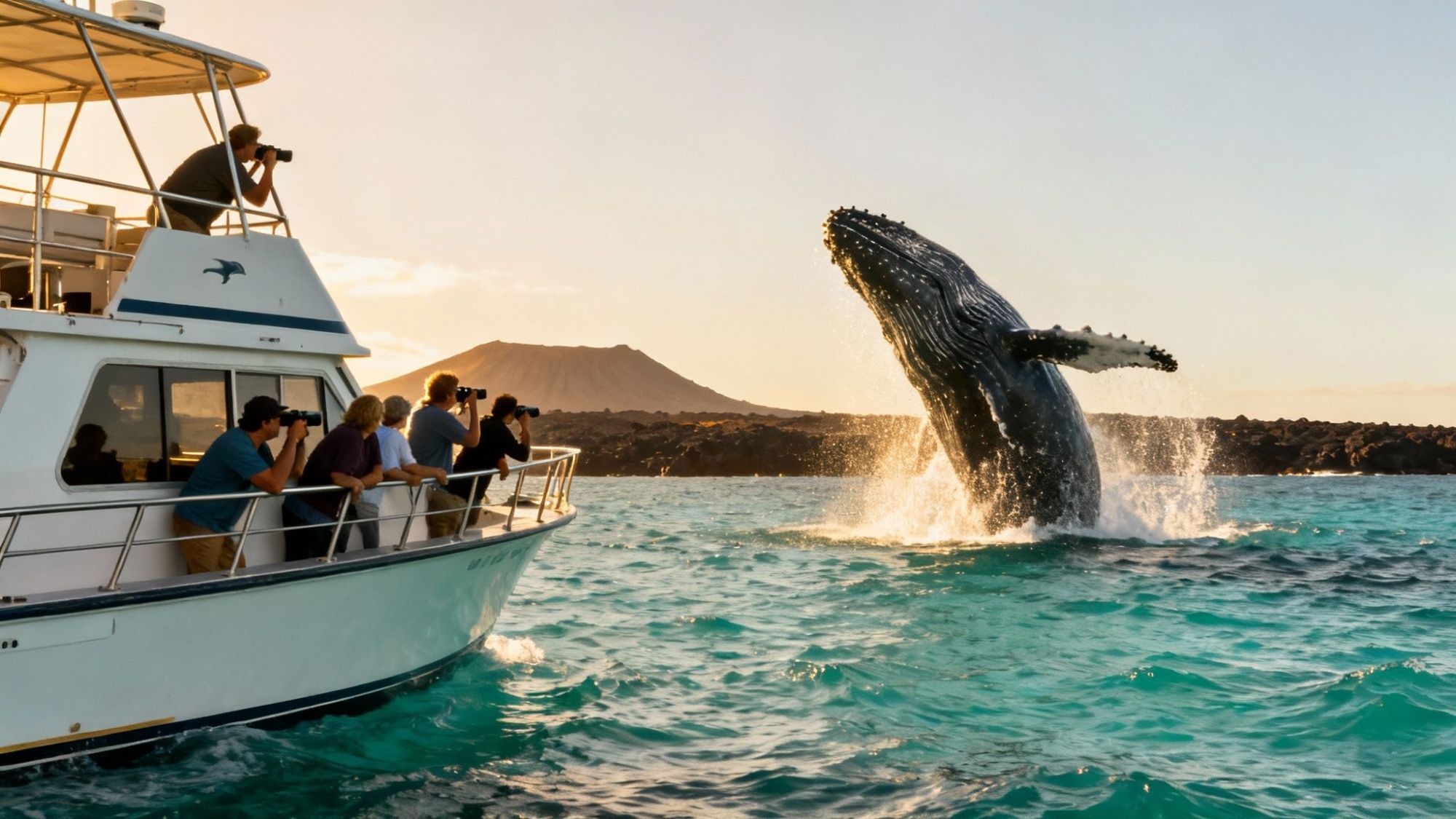 People on a boat watch a whale breaching near the ocean at sunset.